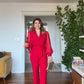 SLEEVE WITH TULLE DETAIL STONE-EMBELLISHED SUIT - RED