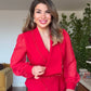 SLEEVE WITH TULLE DETAIL STONE-EMBELLISHED SUIT - RED