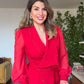 SLEEVE WITH TULLE DETAIL STONE-EMBELLISHED SUIT - RED