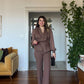 SLEEVE WITH TULLE DETAIL STONE-EMBELLISHED SUIT - BROWN