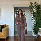 SLEEVE WITH TULLE DETAIL STONE-EMBELLISHED SUIT - BROWN