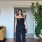 ONE-SHOULDER ASYMMETRIC CUT SET WITH GOLD BUCKLE ACCESSORY - BLACK