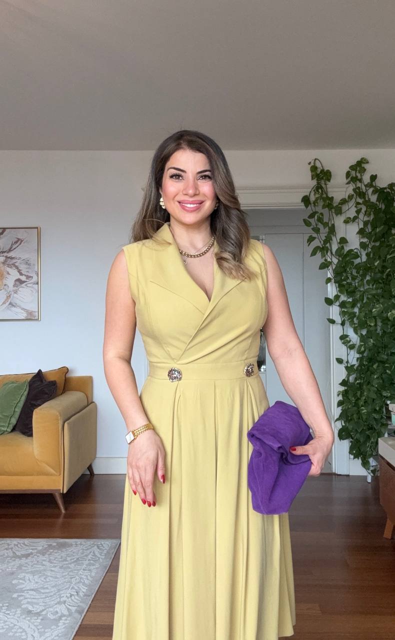 CROSSOVER NECK PLEATED WAIST-EMPHASIZED MIDI DRESS - YELLOW