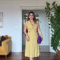 CROSSOVER NECK PLEATED WAIST-EMPHASIZED MIDI DRESS - YELLOW