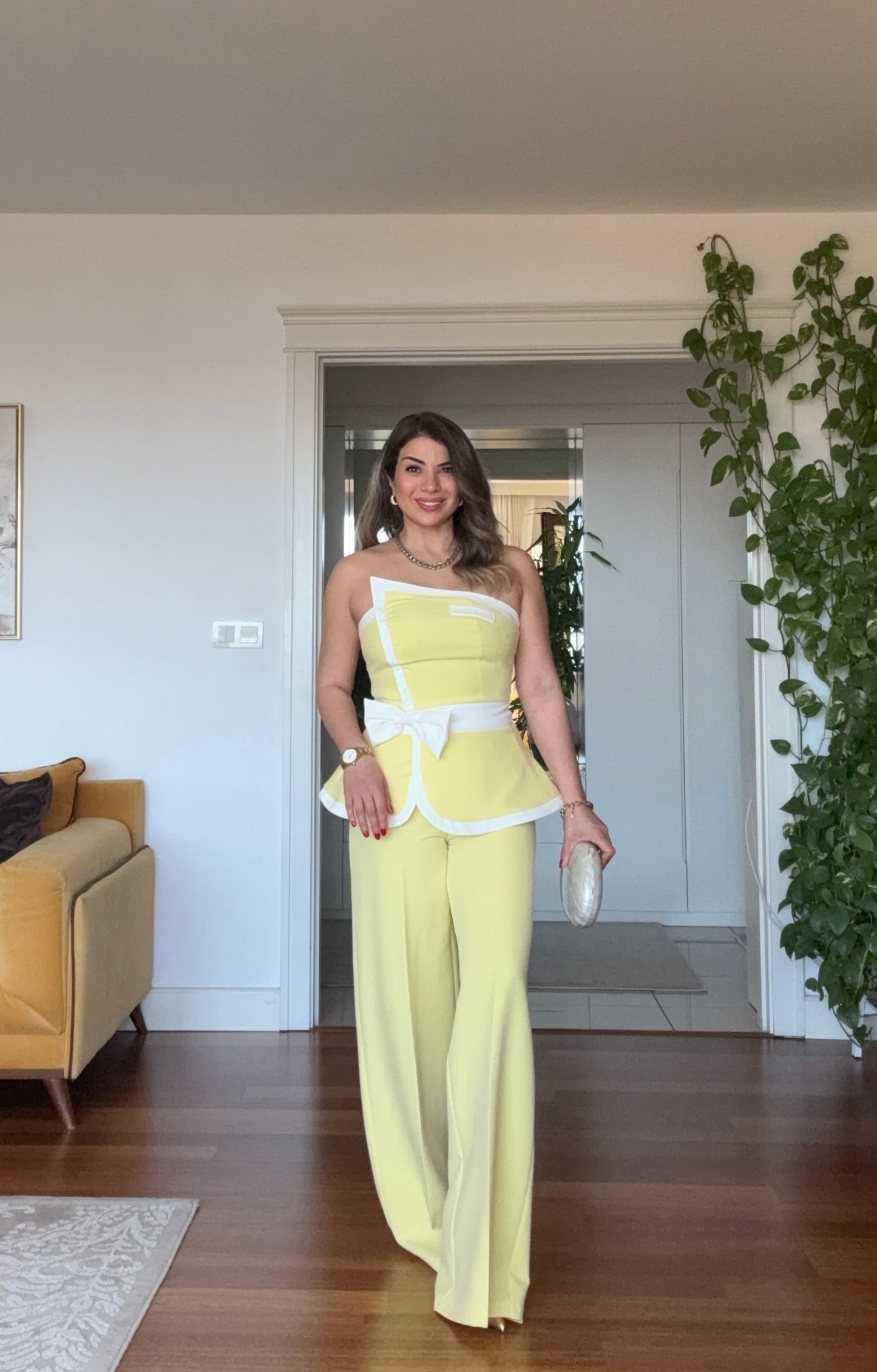 PEPLUM DETAILED STRAPLESS SET - LEMON YELLOW