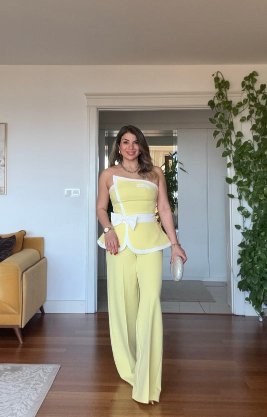 PEPLUM DETAILED STRAPLESS SET - LEMON YELLOW