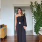 ONE SHOULDER CHIFFON SLEEVE EVENING JUMPSUIT WITH GOLD BUCKLE - BLACK