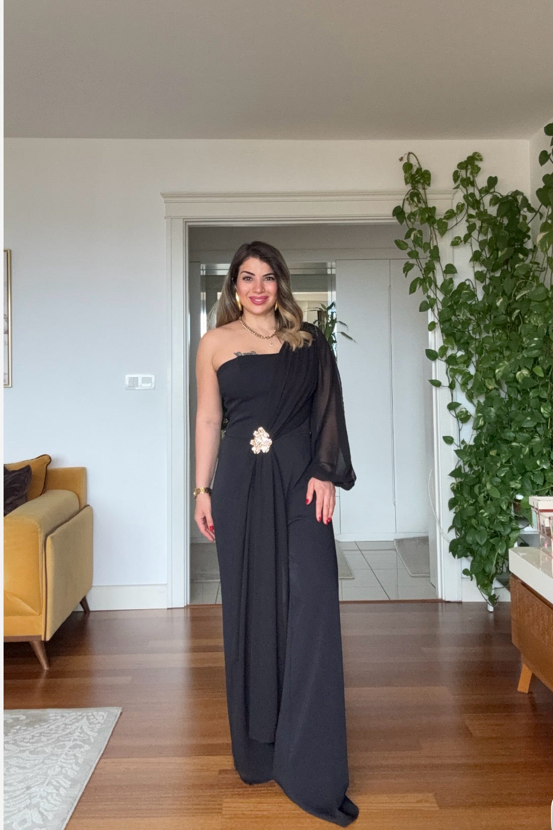 ONE SHOULDER CHIFFON SLEEVE EVENING JUMPSUIT WITH GOLD BUCKLE - BLACK