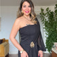 ONE SHOULDER CHIFFON SLEEVE EVENING JUMPSUIT WITH GOLD BUCKLE - BLACK