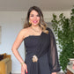 ONE SHOULDER CHIFFON SLEEVE EVENING JUMPSUIT WITH GOLD BUCKLE - BLACK