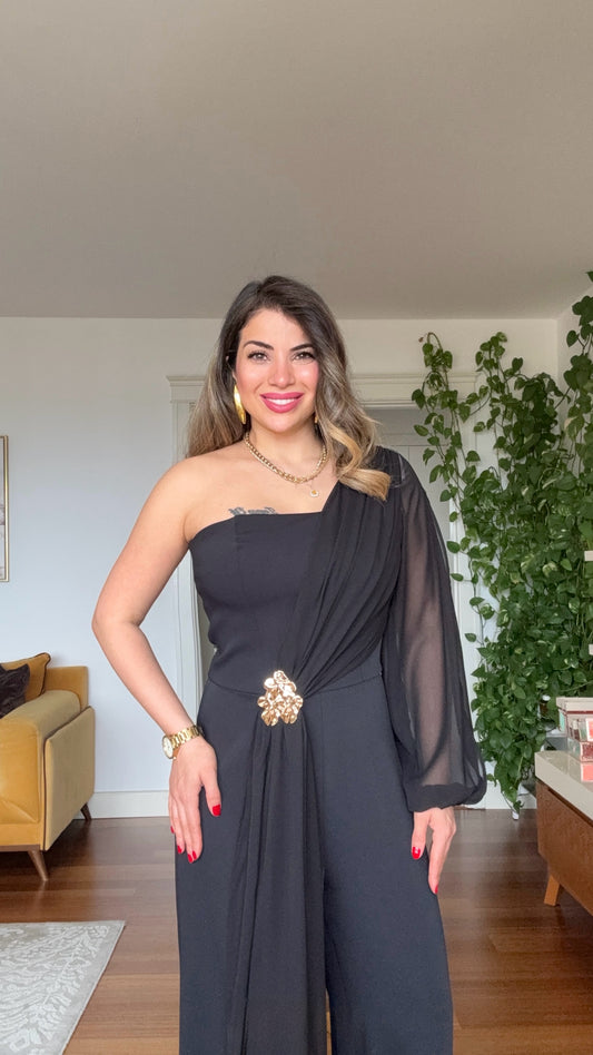 ONE SHOULDER CHIFFON SLEEVE EVENING JUMPSUIT WITH GOLD BUCKLE - BLACK