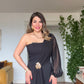 ONE SHOULDER CHIFFON SLEEVE EVENING JUMPSUIT WITH GOLD BUCKLE - BLACK