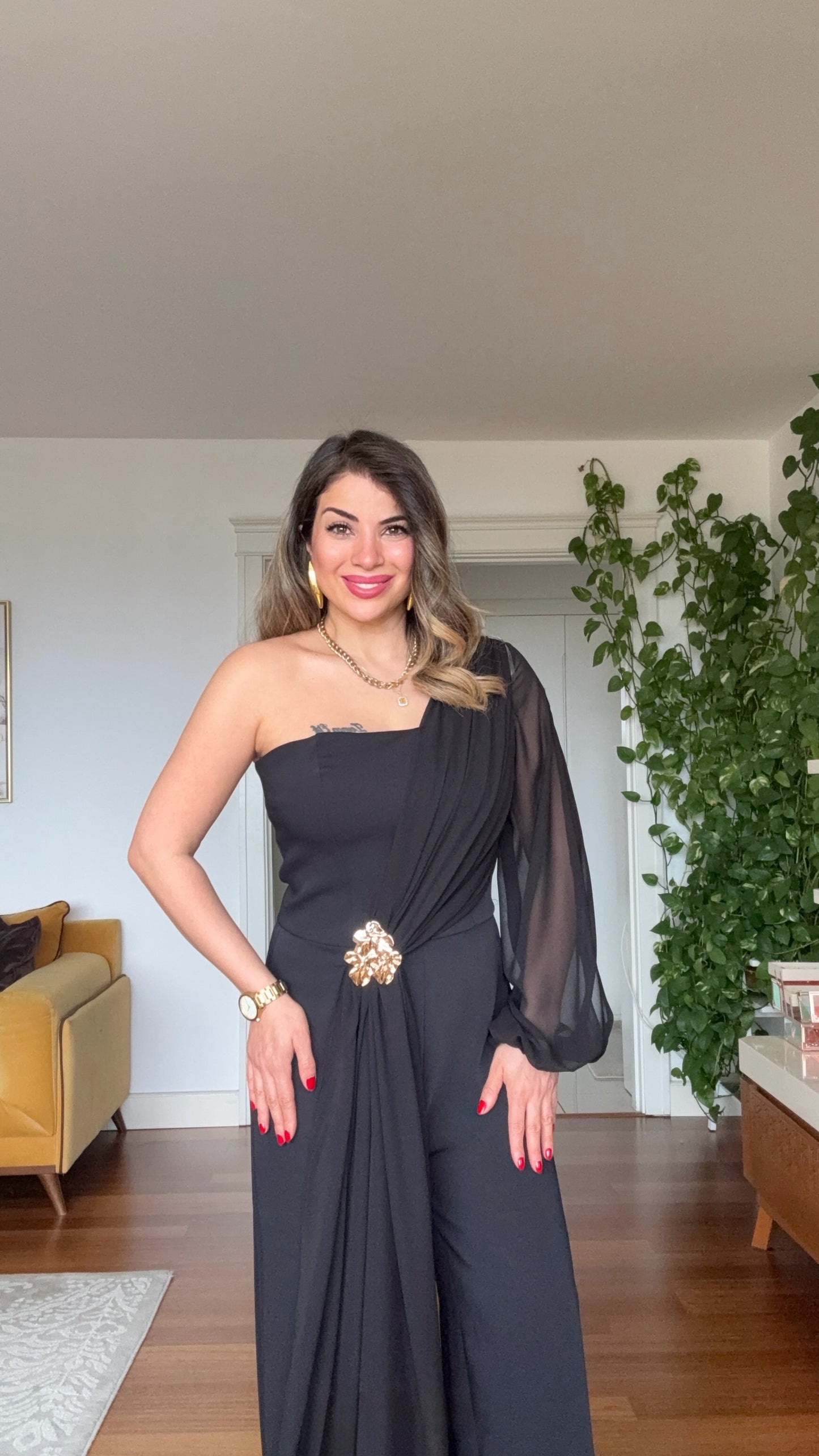 ONE SHOULDER CHIFFON SLEEVE EVENING JUMPSUIT WITH GOLD BUCKLE - BLACK