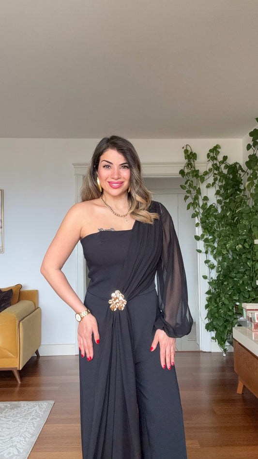 ONE SHOULDER CHIFFON SLEEVE EVENING JUMPSUIT WITH GOLD BUCKLE - BLACK