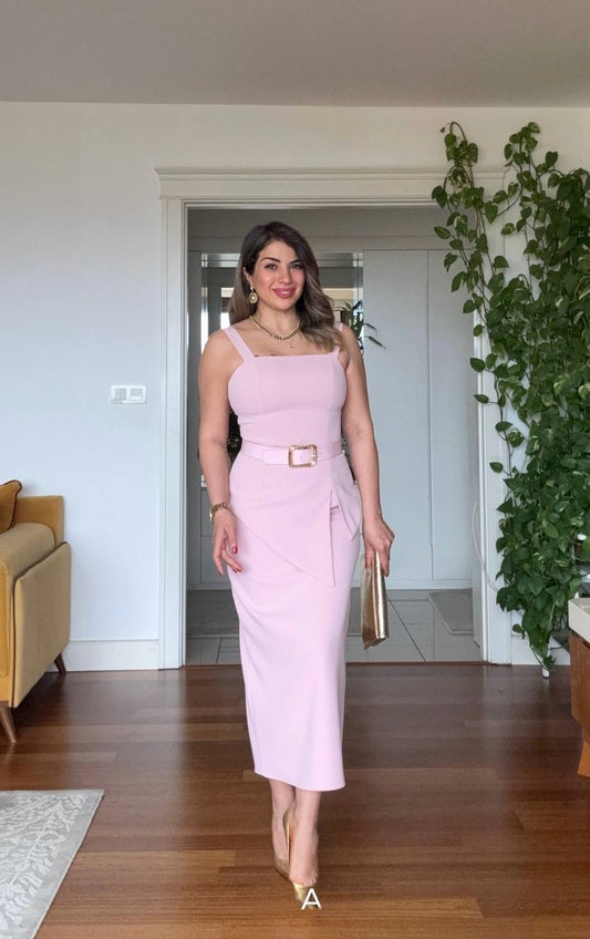 SQUARE NECK BELTED ASYMMETRIC CUT MIDI DRESS - POWDER PINK