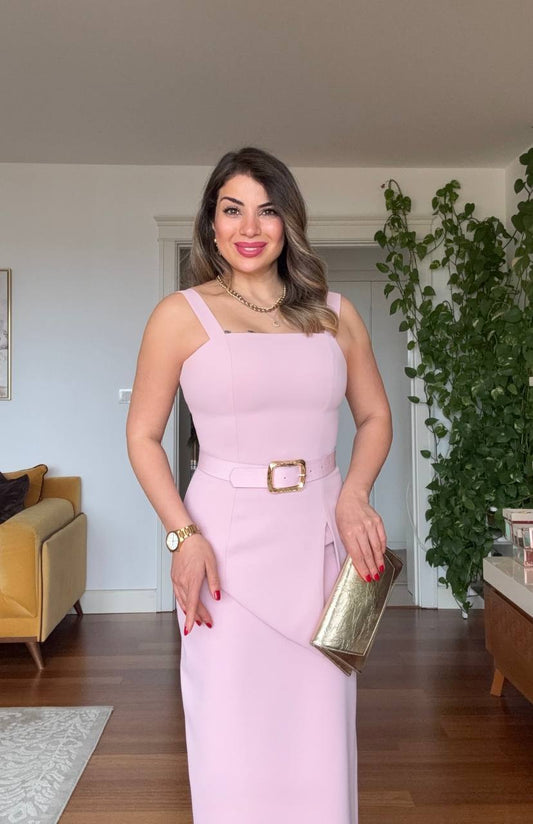 SQUARE NECK BELTED ASYMMETRIC CUT MIDI DRESS - POWDER PINK