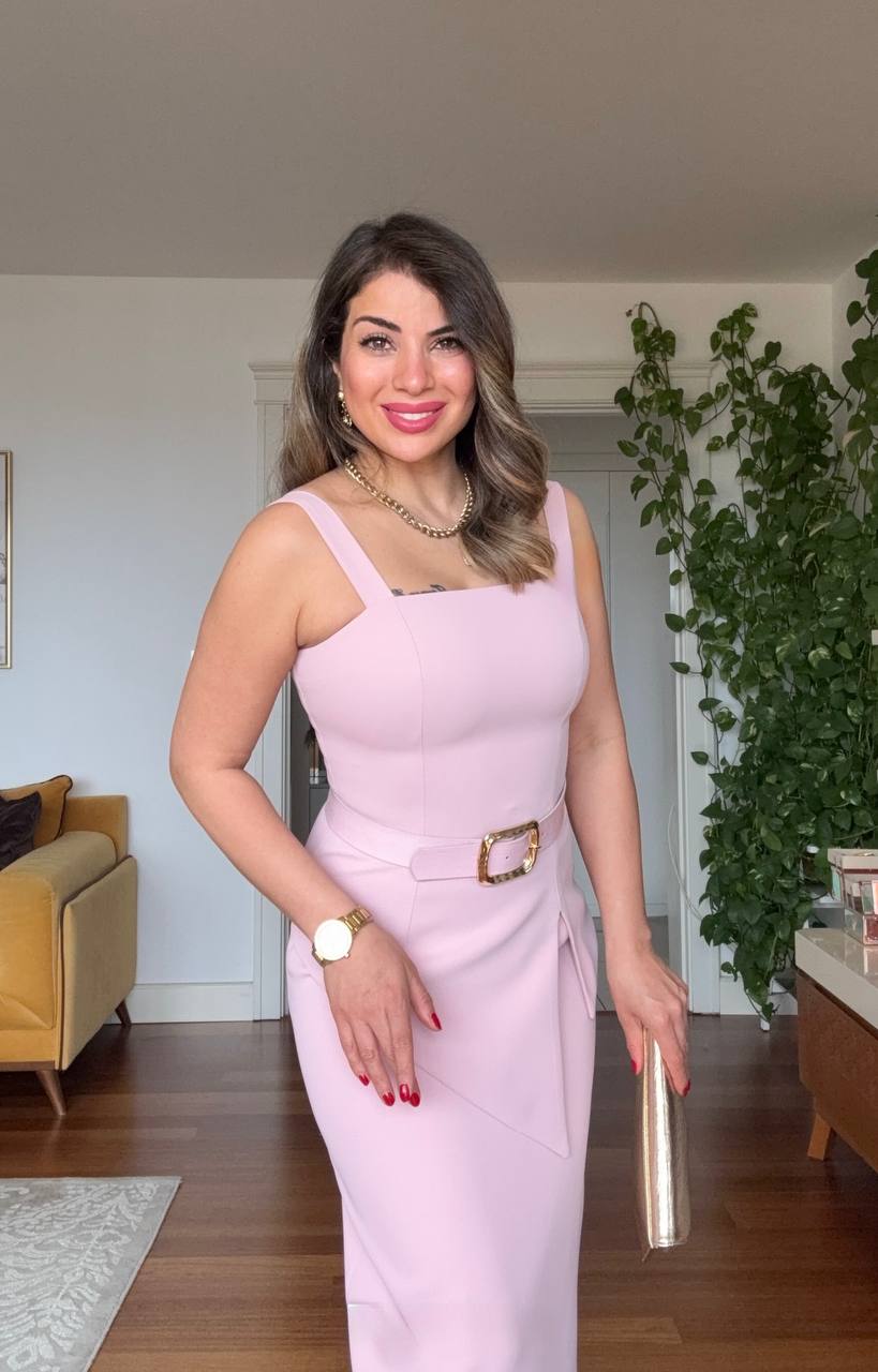 SQUARE NECK BELTED ASYMMETRIC CUT MIDI DRESS - POWDER PINK