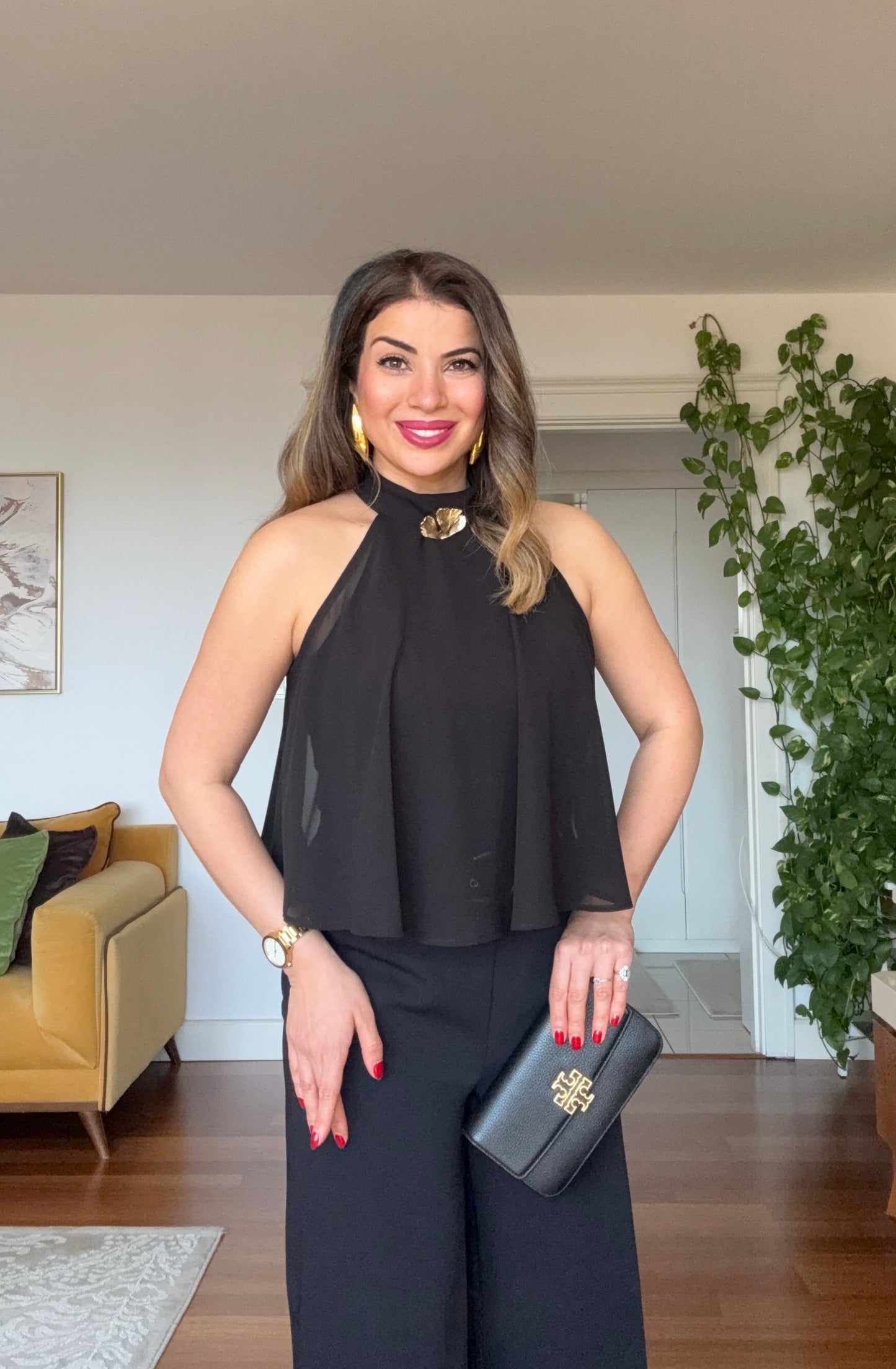GOLD ACCESSORY DETAILED HALTER NECK JUMPSUIT - BLACK