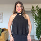 GOLD ACCESSORY DETAILED HALTER NECK JUMPSUIT - BLACK