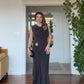 WAIST BUCKLE DETAIL BACK MESH PANEL MAXI EVENING DRESS - BLACK