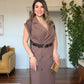 PADDED SHOULDER CHIFFON DETAIL BELTED DRESS - BROWN