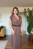 PADDED SHOULDER CHIFFON DETAIL BELTED DRESS - BROWN