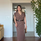 PADDED SHOULDER CHIFFON DETAIL BELTED DRESS - BROWN