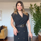 PADDED SHOULDER CHIFFON DETAIL BELTED DRESS - BLACK