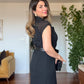 PADDED SHOULDER CHIFFON DETAIL BELTED DRESS - BLACK