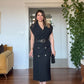 PADDED SHOULDER CHIFFON DETAIL BELTED DRESS - BLACK