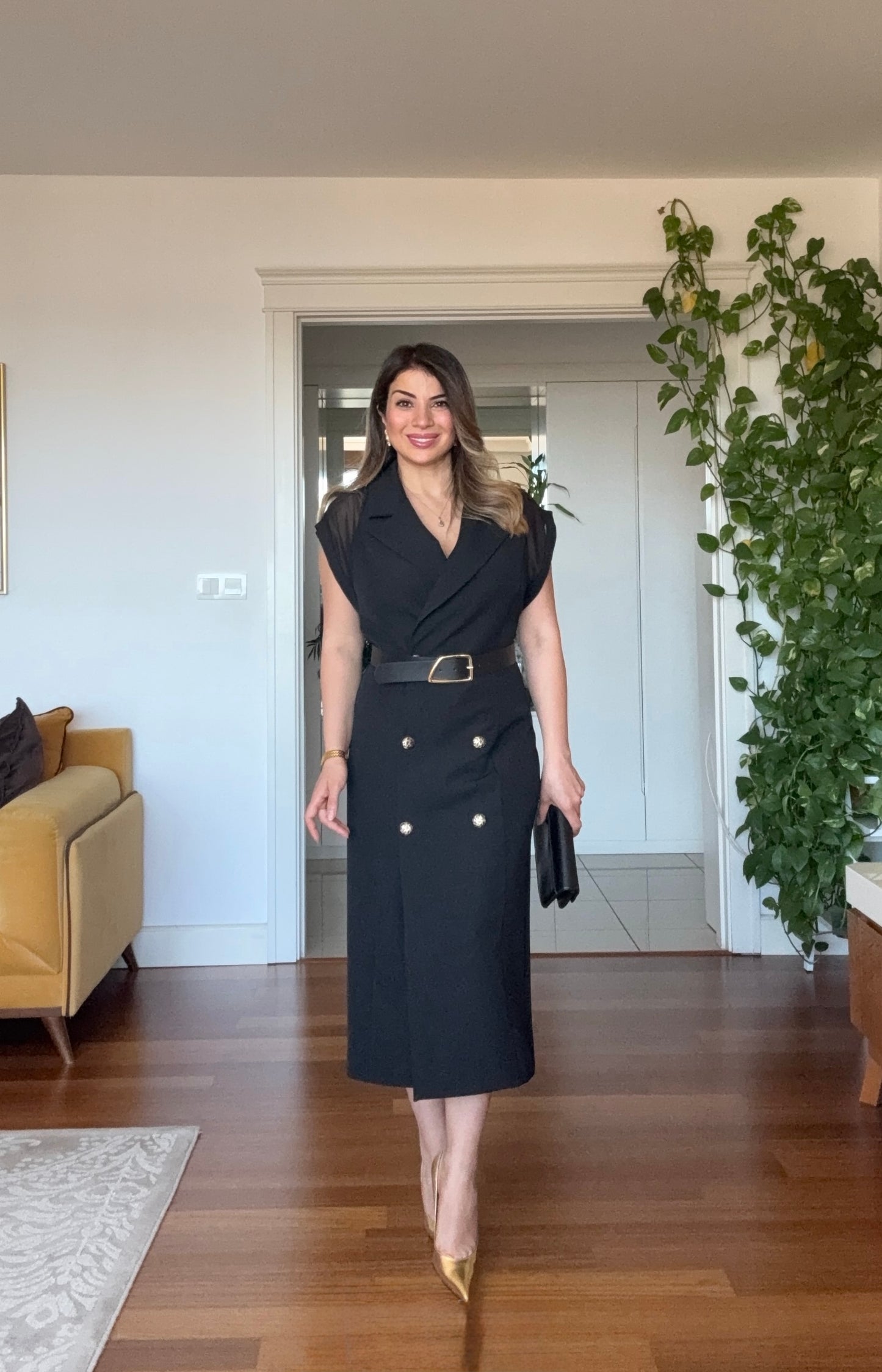 PADDED SHOULDER CHIFFON DETAIL BELTED DRESS - BLACK