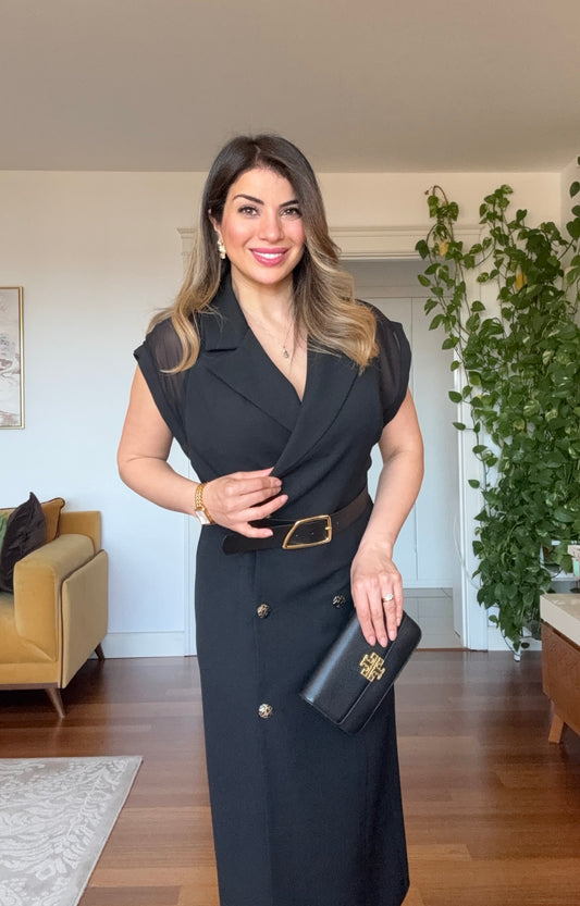 PADDED SHOULDER CHIFFON DETAIL BELTED DRESS - BLACK