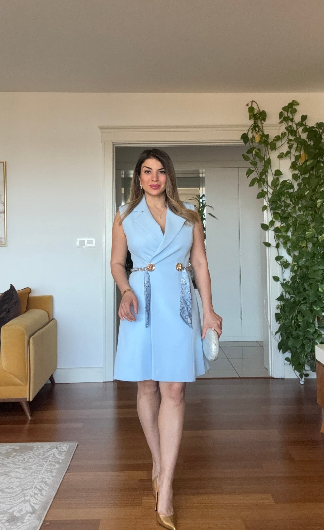 SLEEVELESS BLAZER DRESS - BABY BLUE