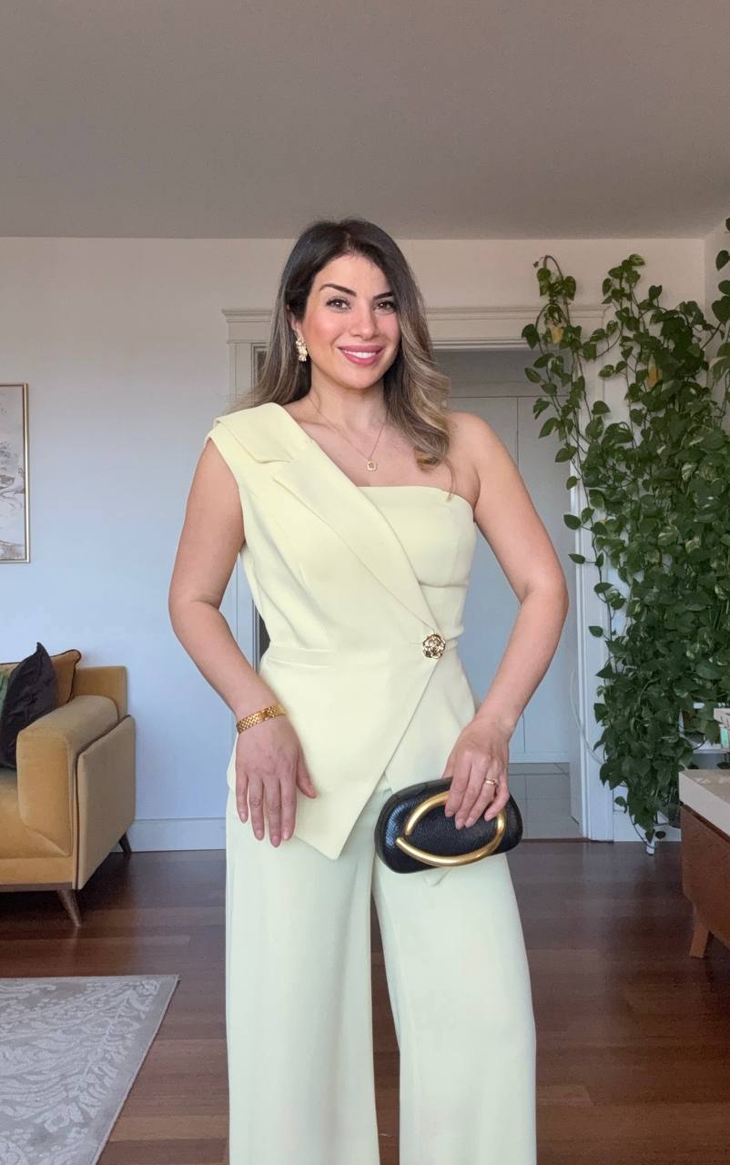 ASYMMETRIC ONE-SHOULDER BLAZER COLLAR WIDE-LEG SUIT - YELLOW