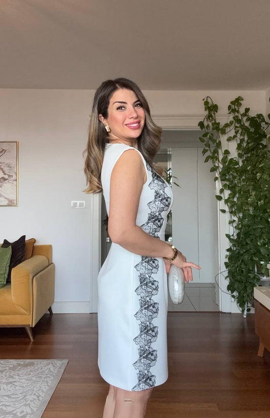 MIDI DRESS WITH LACE DETAIL – WHITE