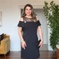 LACE-DETAIL OFF-THE-SHOULDER MIDI DRESS - BLACK
