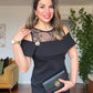 LACE-DETAIL OFF-THE-SHOULDER MIDI DRESS - BLACK