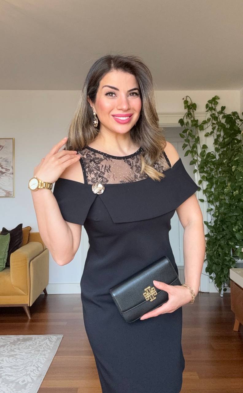 LACE-DETAIL OFF-THE-SHOULDER MIDI DRESS - BLACK