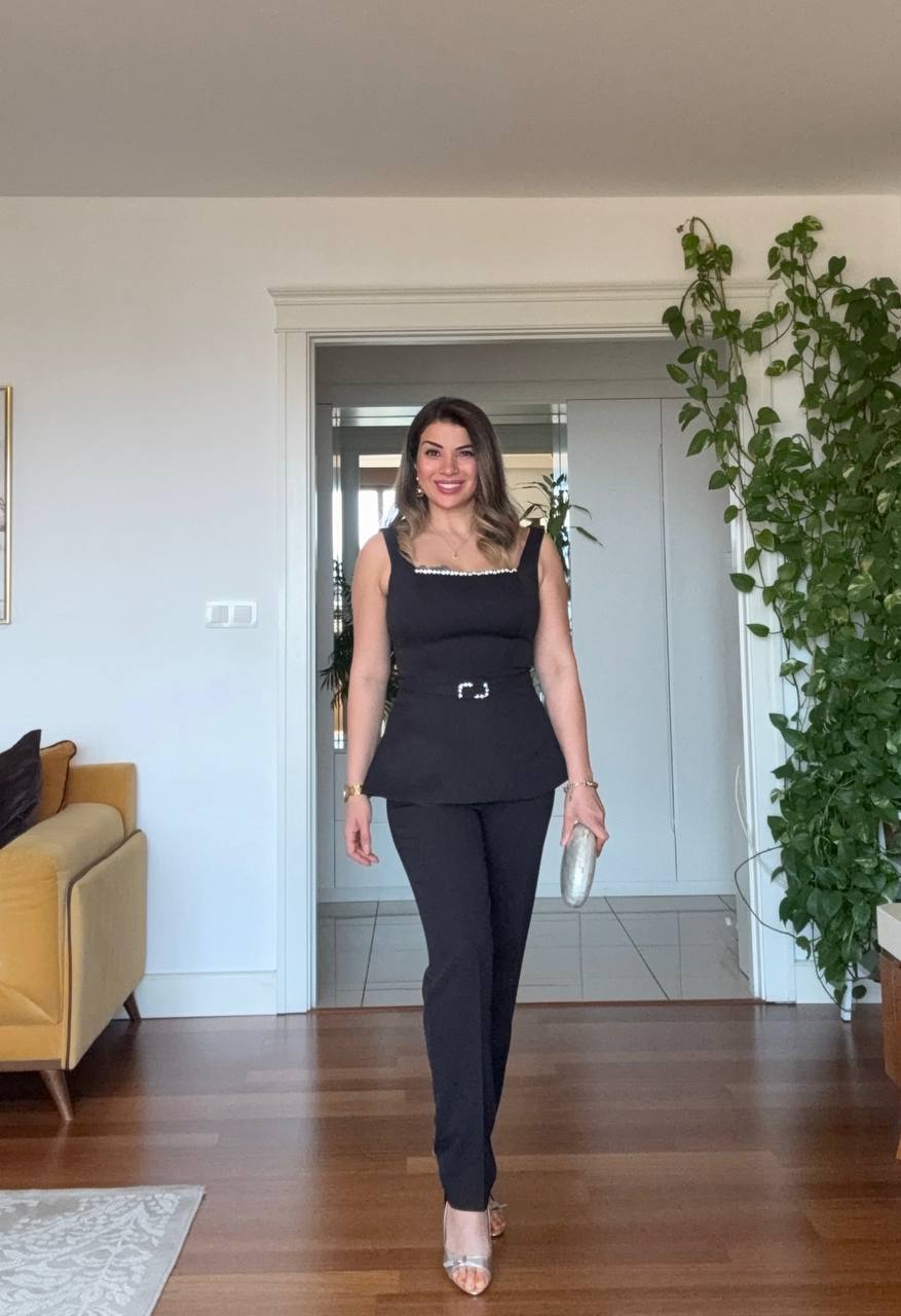 STONE DETAILED PEPLUM BLOUSE & BELTED TROUSERS SET – BLACK