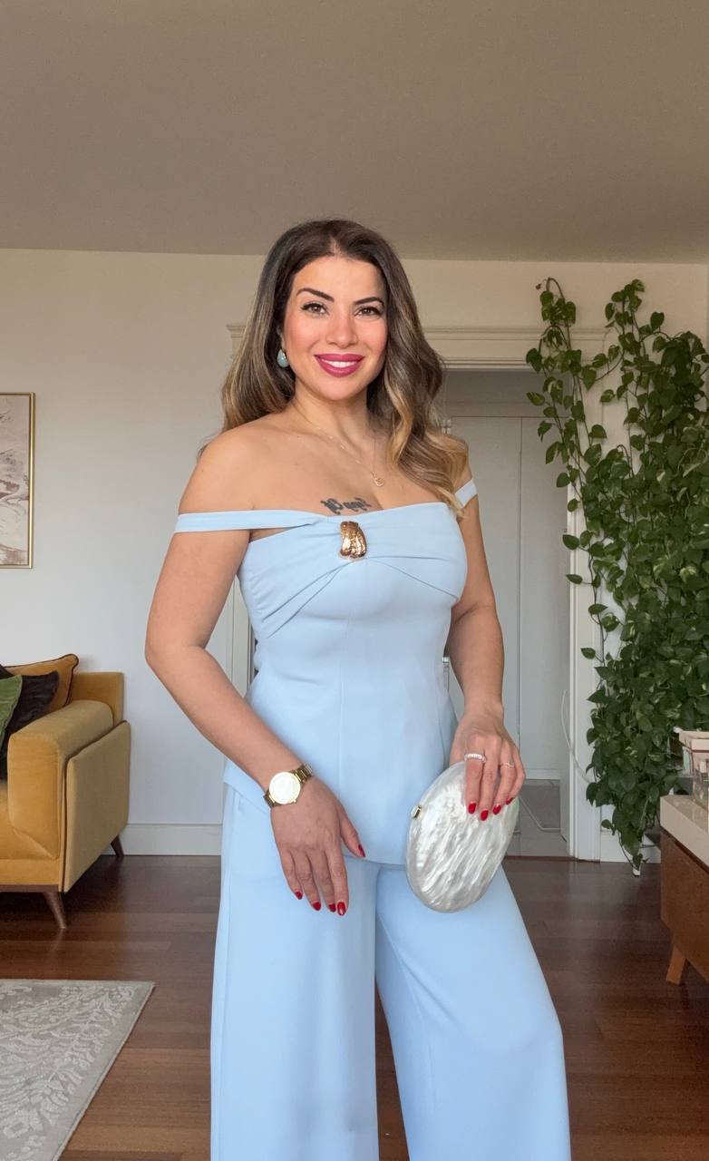 ASYMMETRIC CUT CO-ORD SET WITH SINGLE-SHOULDER GOLD BUCKLE ACCESSORY - BABY BLUE