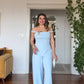 ASYMMETRIC CUT CO-ORD SET WITH SINGLE-SHOULDER GOLD BUCKLE ACCESSORY - BABY BLUE