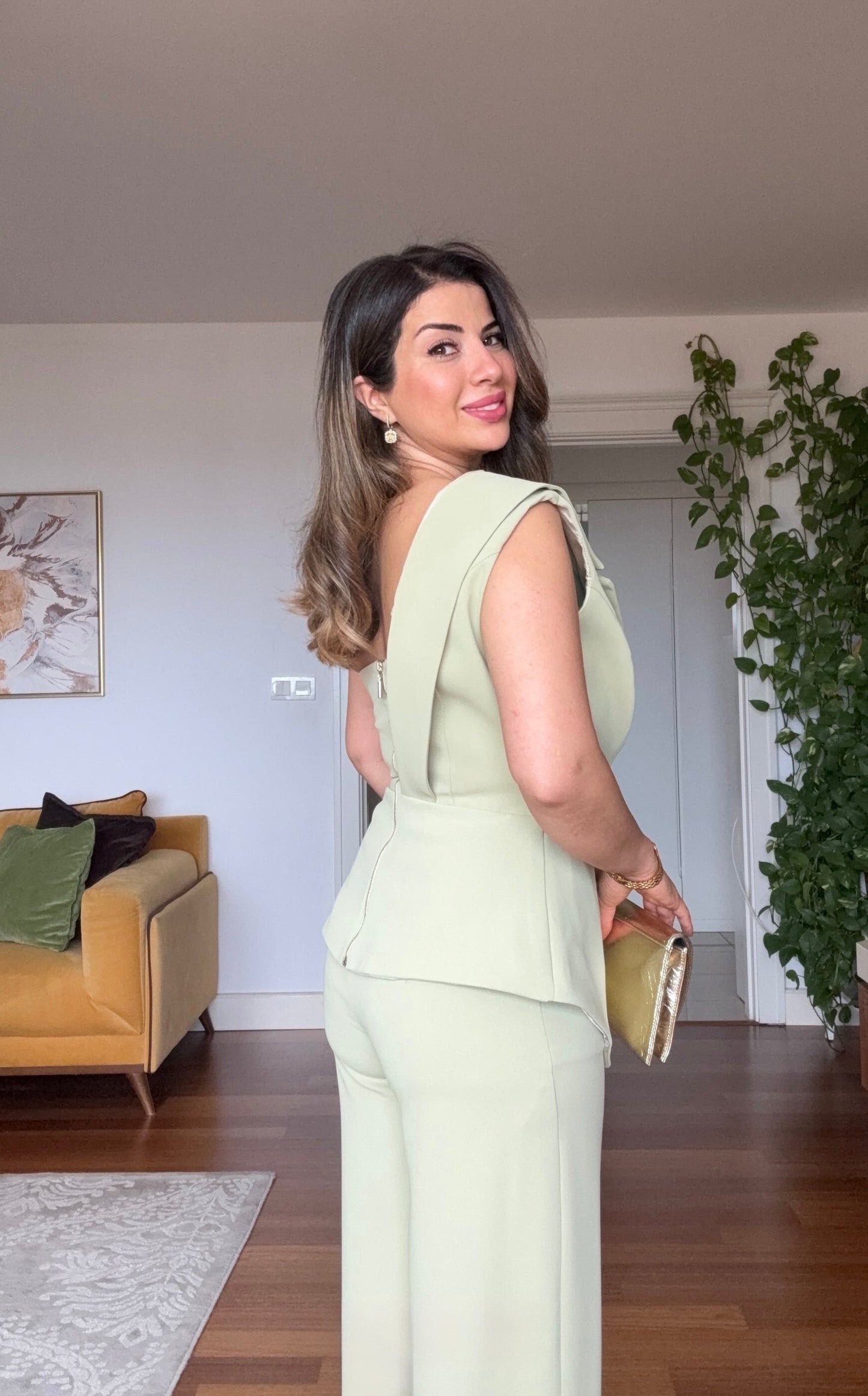 ASYMMETRIC ONE-SHOULDER BLAZER COLLAR WIDE-LEG SUIT - GREEN