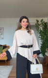 ASYMMETRICAL CUT BELTED TWO-PIECE SET - BEIGE/BLACK
