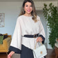 ASYMMETRICAL CUT BELTED TWO-PIECE SET - BEIGE/BLACK