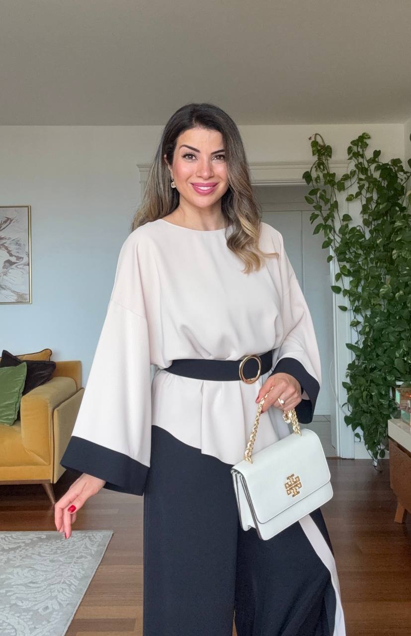 ASYMMETRICAL CUT BELTED TWO-PIECE SET - BEIGE/BLACK