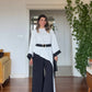 ASYMMETRICAL CUT BELTED TWO-PIECE SET - BLACK/ECRU