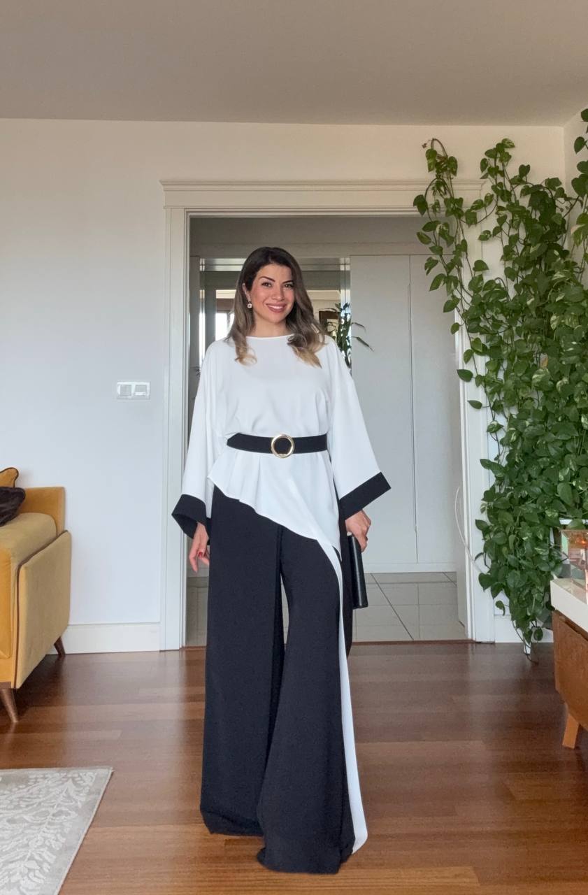ASYMMETRICAL CUT BELTED TWO-PIECE SET - BLACK/ECRU