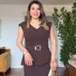 PEPLUM DRESS WITH LARGE BUCKLE BELT DETAIL - BROWN