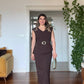 PEPLUM DRESS WITH LARGE BUCKLE BELT DETAIL - BROWN