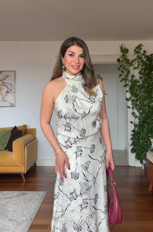 FLORAL PRINT SATIN-TEXTURED MIDI DRESS – ECRU